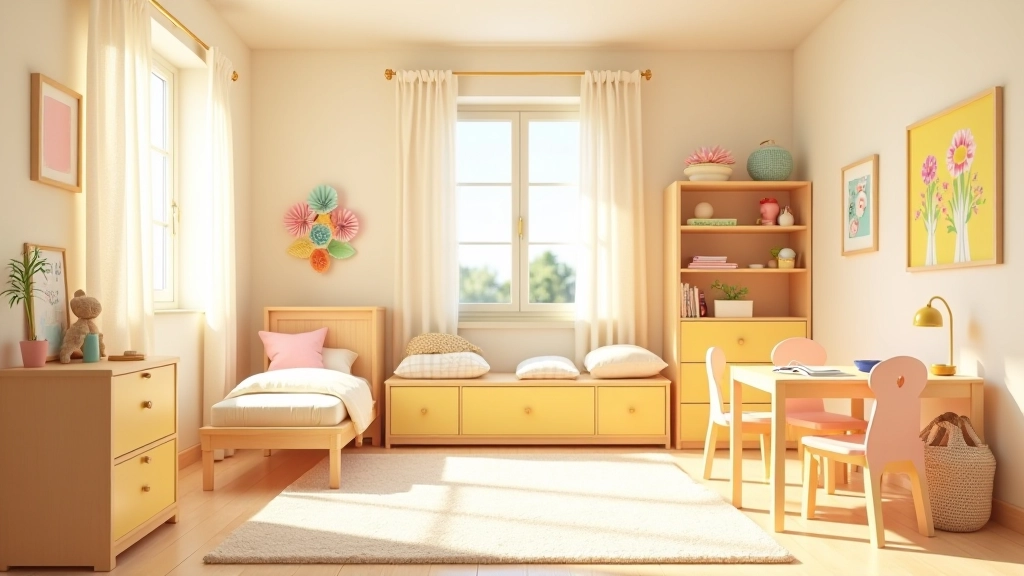 Quarto infantil com móveis coloridos, prateleiras organizadas e parede com tons pastel
