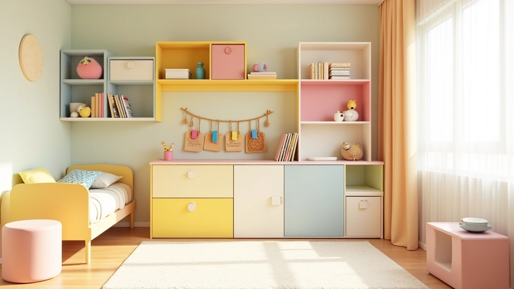 Quarto infantil com soluções de arrumação criativa, prateleiras coloridas e móveis modulares bem organizados